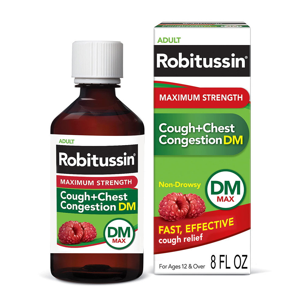 Robitussin Maximum Strength Cough + Chest Congestion DM Relief Liquid, Raspberry-Flavor, 8 oz